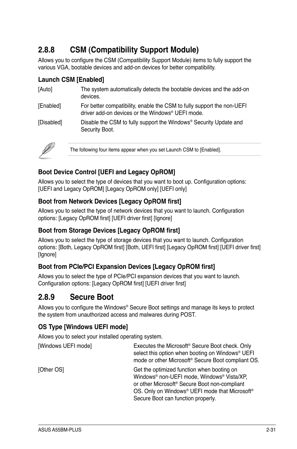 8 csm (compatibility support module), 9 secure boot | Asus A55BM-PLUS User Manual | Page 63 / 72