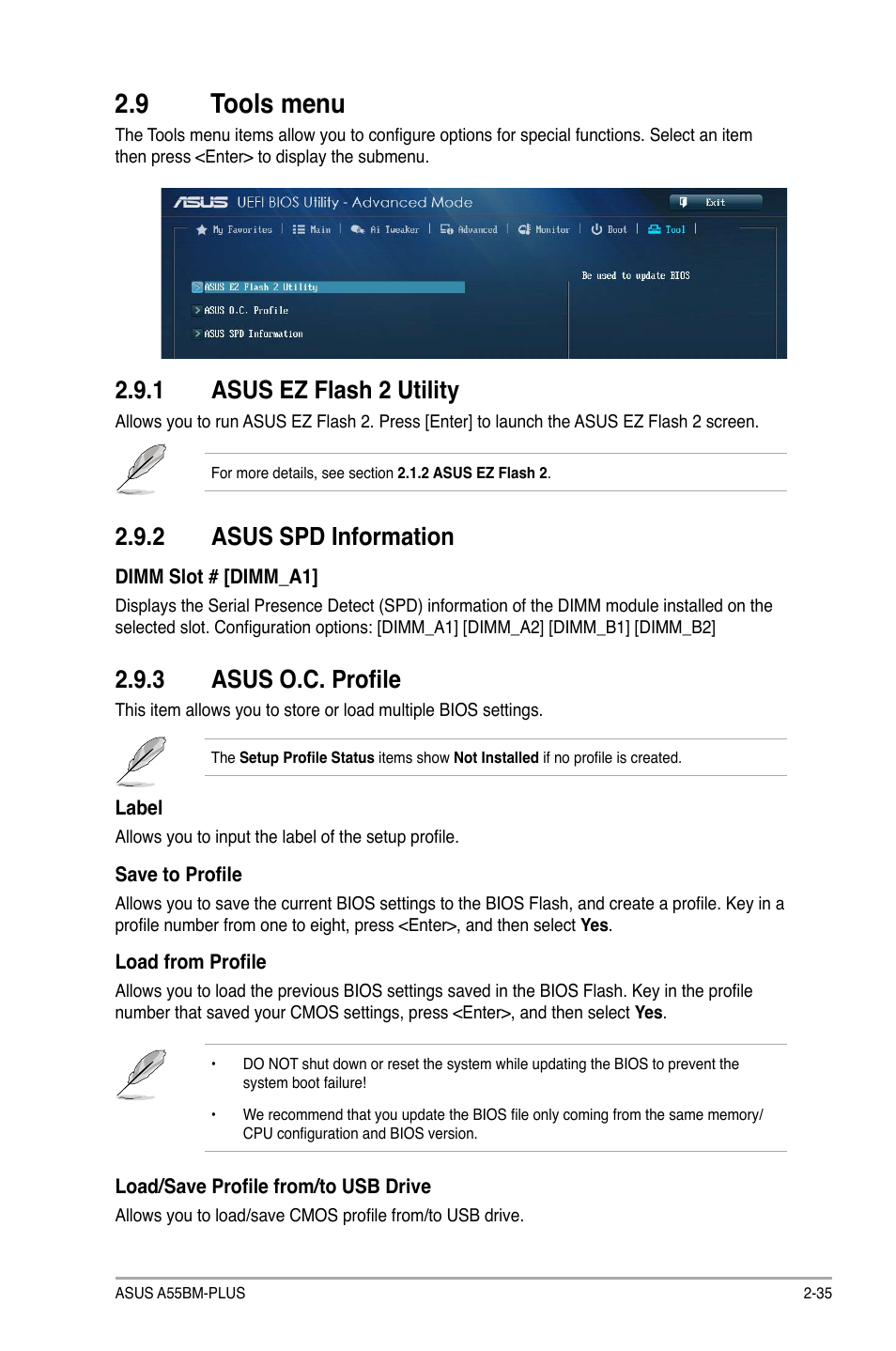 9 tools menu, Tools menu -35, 1 asus ez flash 2 utility | 3 asus o.c. profile, 2 asus spd information | Asus A55BM-PLUS User Manual | Page 67 / 72