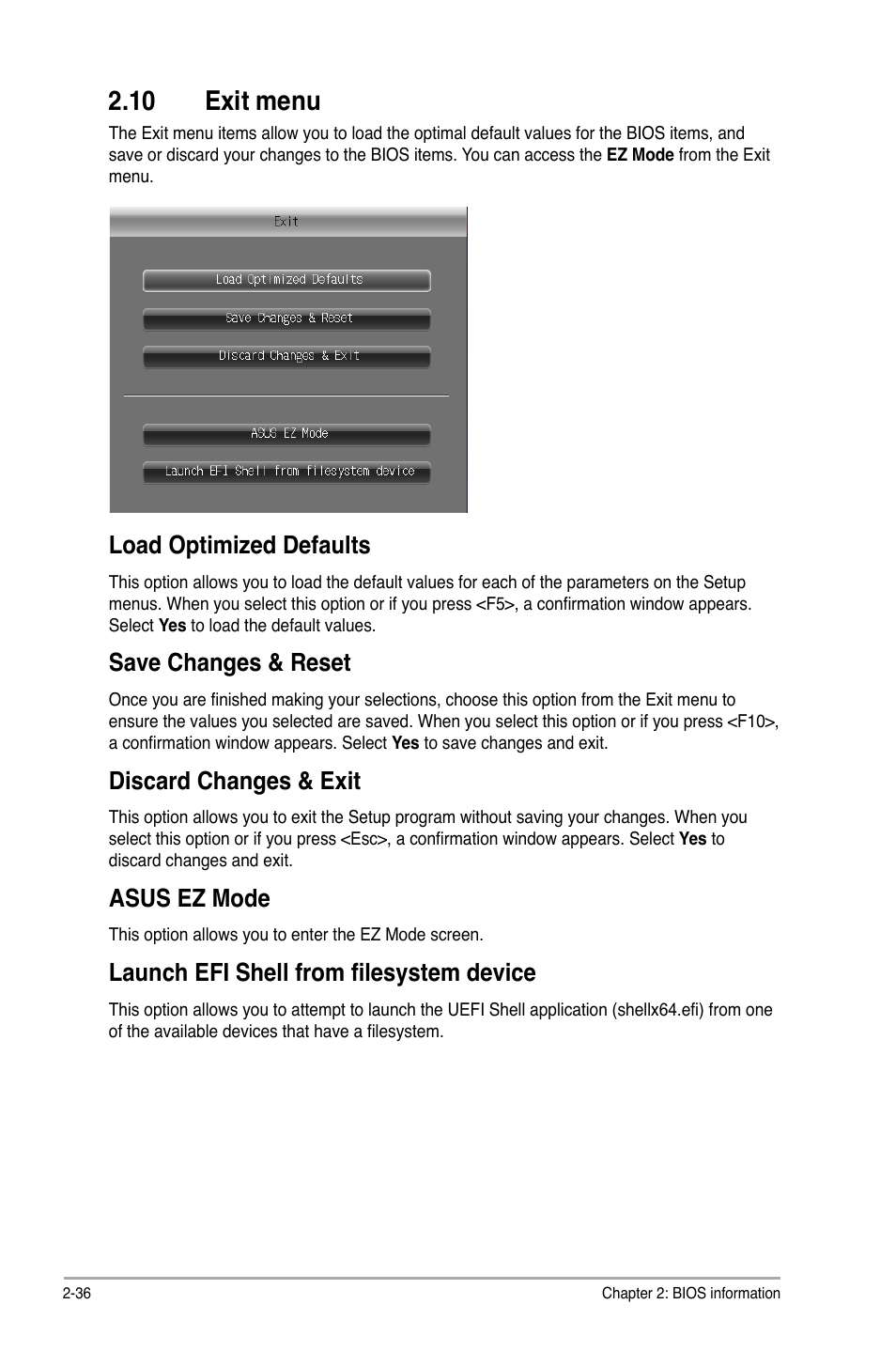 10 exit menu, 10 exit menu -36, Load optimized defaults | Save changes & reset, Discard changes & exit, Asus ez mode, Launch efi shell from filesystem device | Asus A55BM-PLUS User Manual | Page 68 / 72
