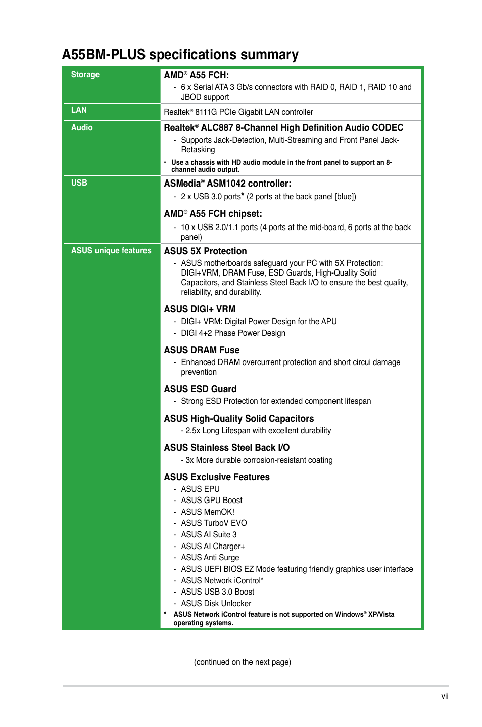 A55bm-plus specifications summary | Asus A55BM-PLUS User Manual | Page 7 / 72