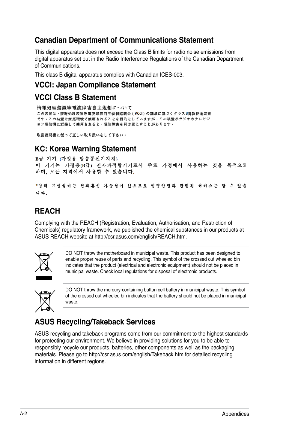 Reach, Asus recycling/takeback services, Canadian department of communications statement | Asus A55BM-PLUS User Manual | Page 70 / 72