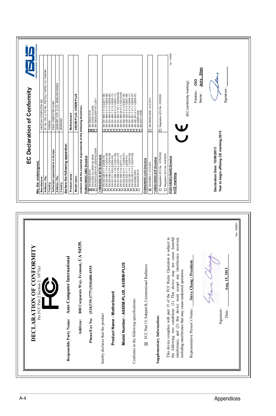 Declaration of conformity, Appendices, Ec declaration of conformity | Asu s c om pu te r in te rn at io na l, Address: 800 corporate way, fremont | Asus A55BM-PLUS User Manual | Page 72 / 72