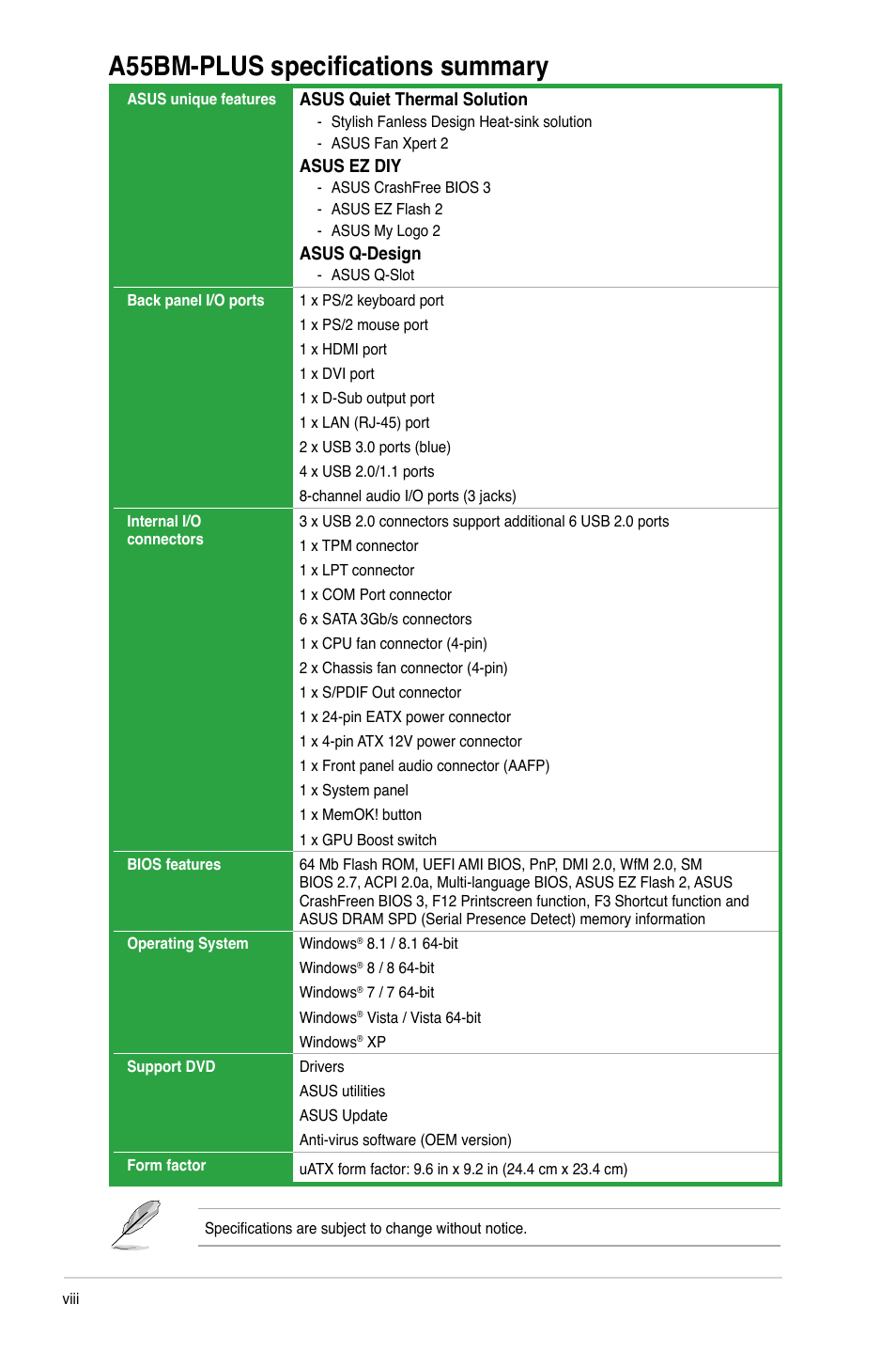 A55bm-plus specifications summary | Asus A55BM-PLUS User Manual | Page 8 / 72