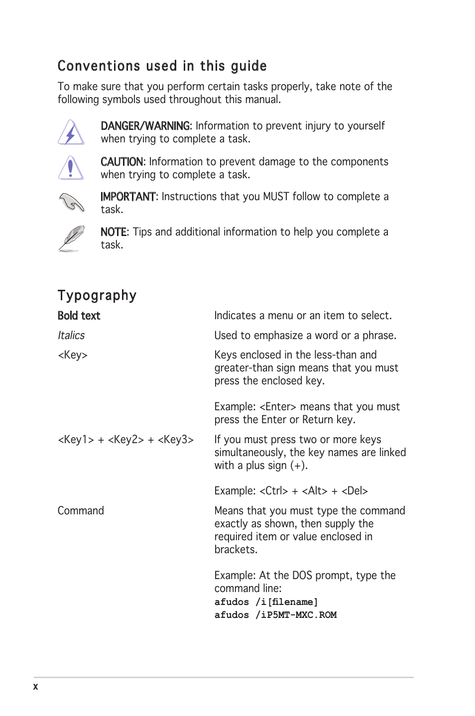 Conventions used in this guide, Typography | Asus P5MT-MX/C User Manual | Page 10 / 156