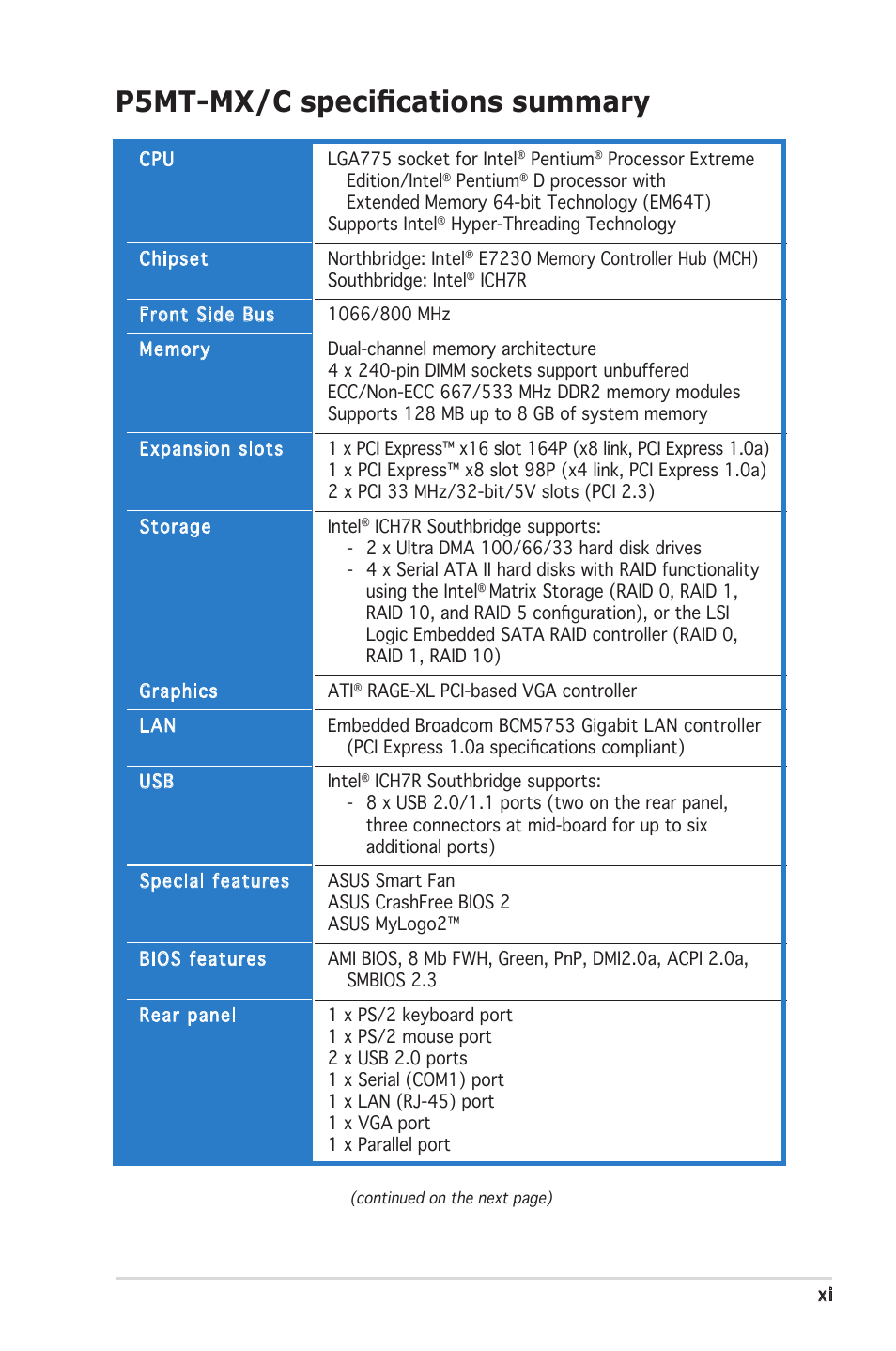 P5mt-mx/c speciﬁcations summary | Asus P5MT-MX/C User Manual | Page 11 / 156