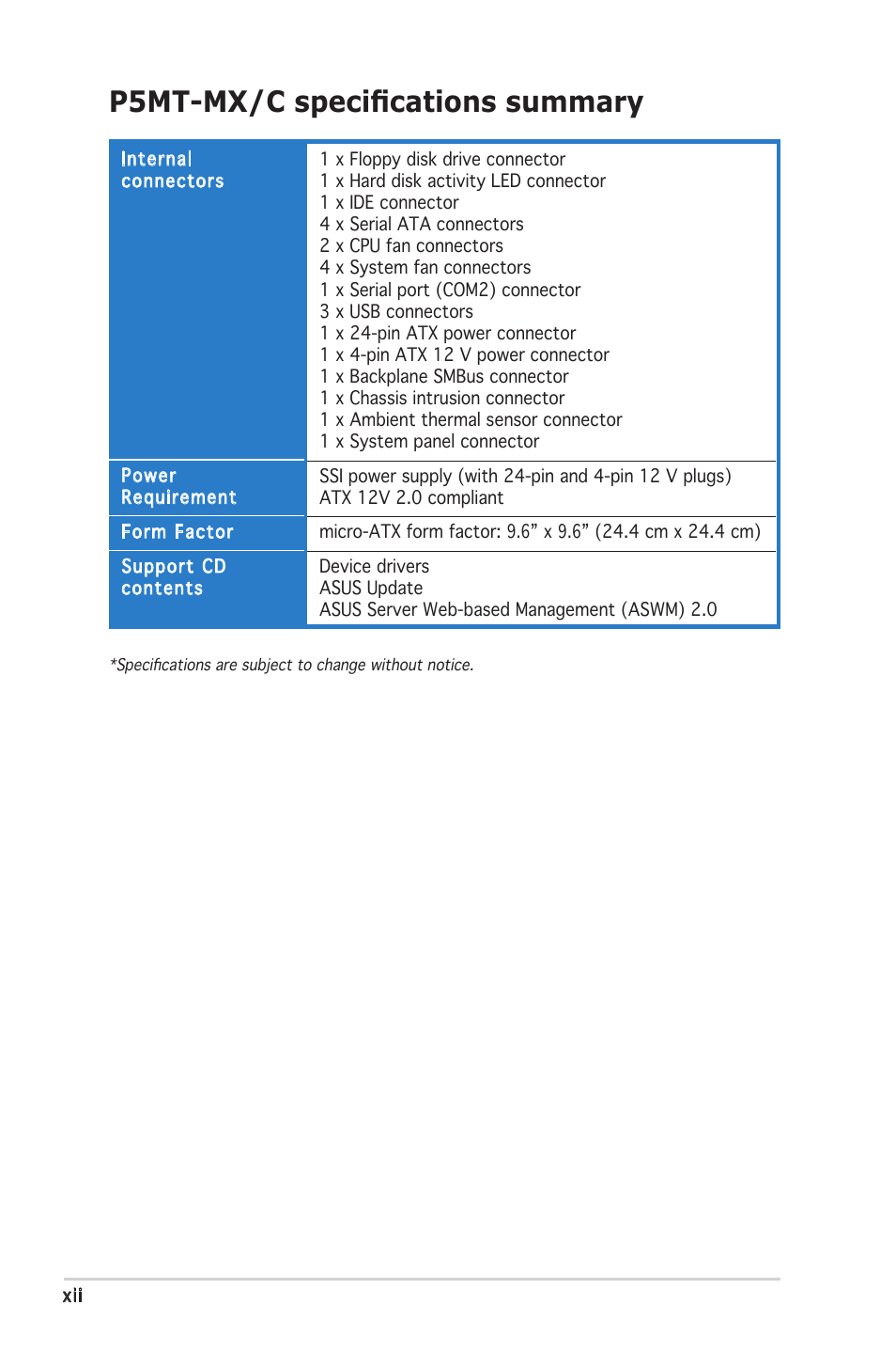 P5mt-mx/c speciﬁcations summary | Asus P5MT-MX/C User Manual | Page 12 / 156