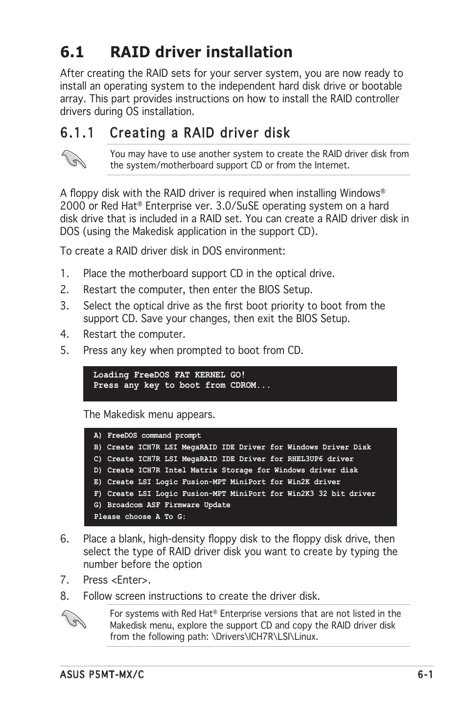 1 raid driver installation, 1 creating a raid driver disk | Asus P5MT-MX/C User Manual | Page 133 / 156