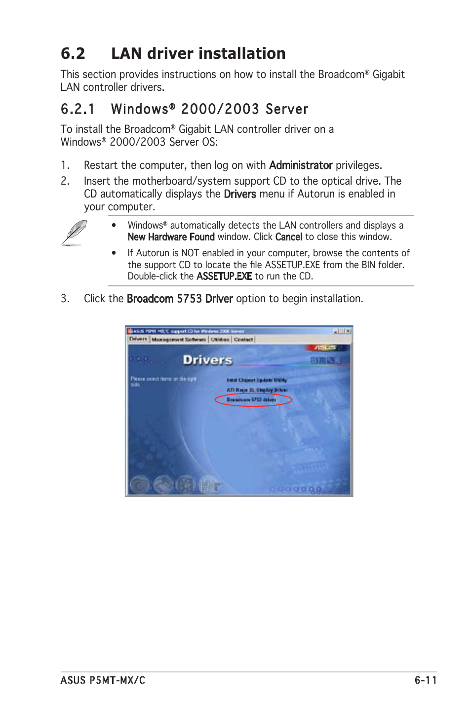 2 lan driver installation, 1 windows | Asus P5MT-MX/C User Manual | Page 143 / 156