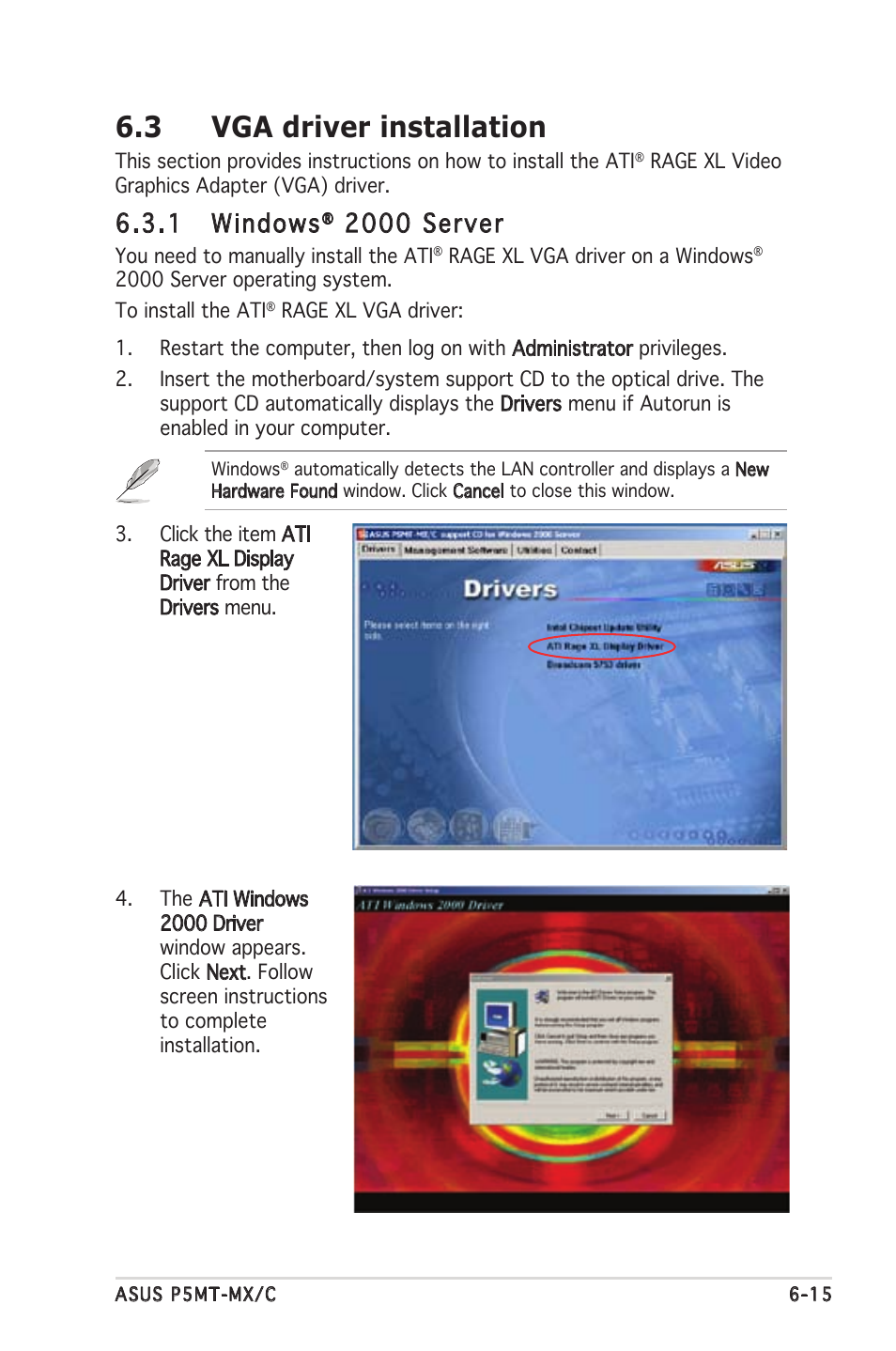 3 vga driver installation, 1 windows, 2000 server | Asus P5MT-MX/C User Manual | Page 147 / 156