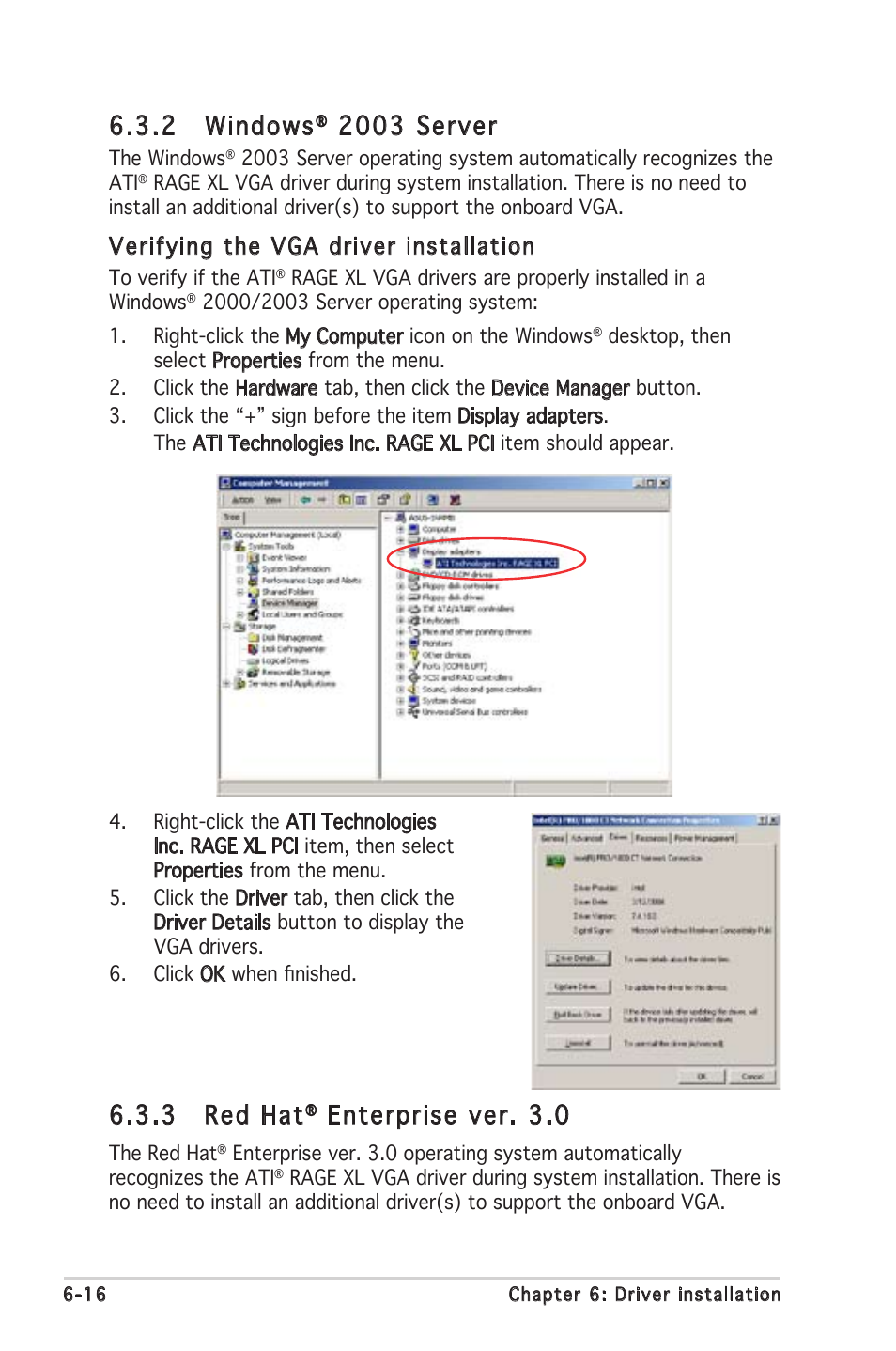 3 red hat, Enterprise ver. 3.0, 2 windows | 2003 server, Verifying the vga driver installation | Asus P5MT-MX/C User Manual | Page 148 / 156