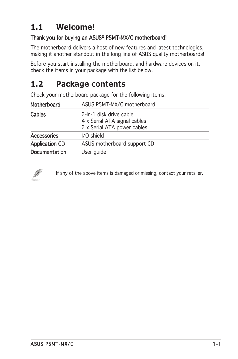 1 welcome, 2 package contents | Asus P5MT-MX/C User Manual | Page 15 / 156