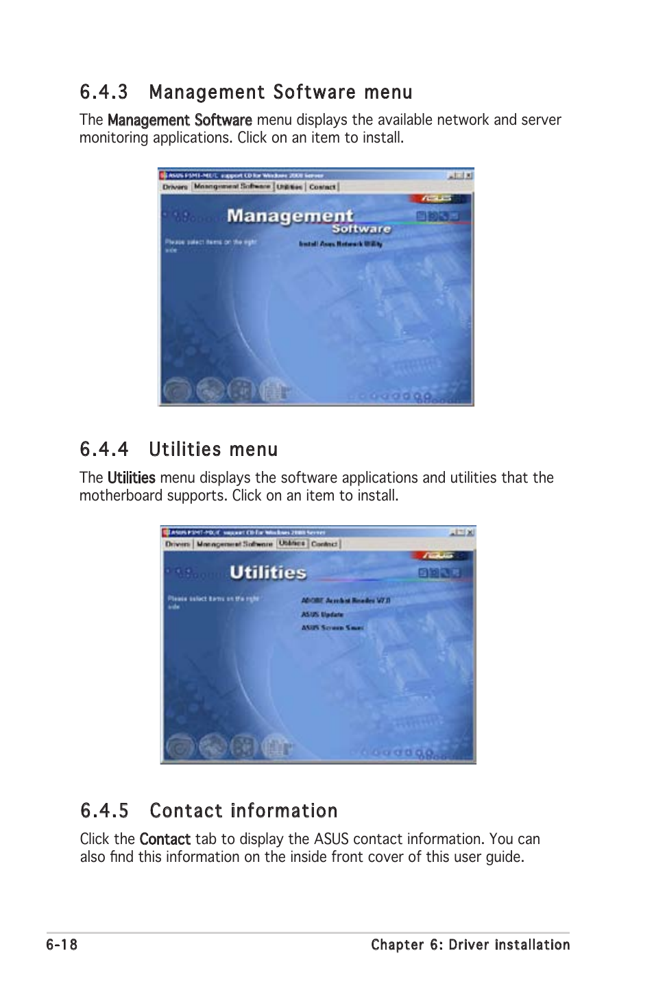 3 management software menu, 4 utilities menu, 5 contact information | Asus P5MT-MX/C User Manual | Page 150 / 156