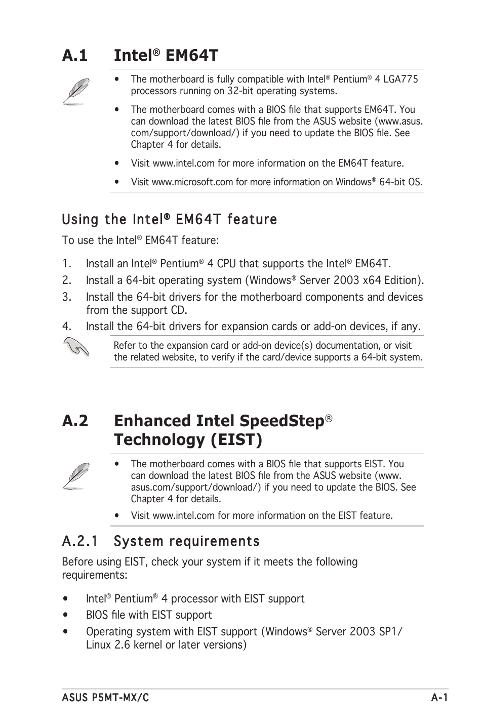 A.1 intel, Em64t, A.2 enhanced intel speedstep | Technology (eist), Using the intel, Em64t feature, A.2.1 system requirements | Asus P5MT-MX/C User Manual | Page 153 / 156