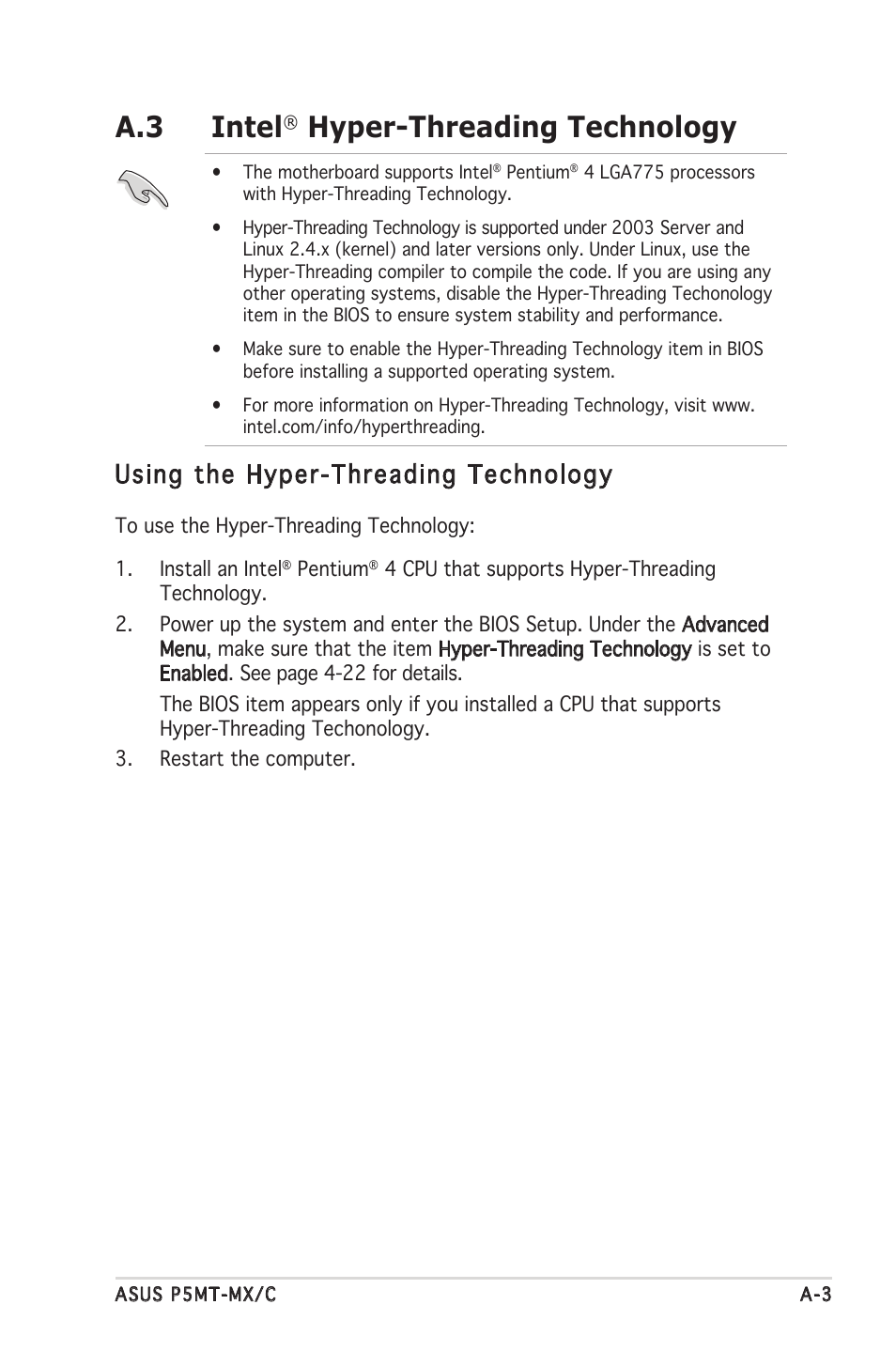 A.3 intel, Hyper-threading technology, Using the hyper-threading technology | Asus P5MT-MX/C User Manual | Page 155 / 156