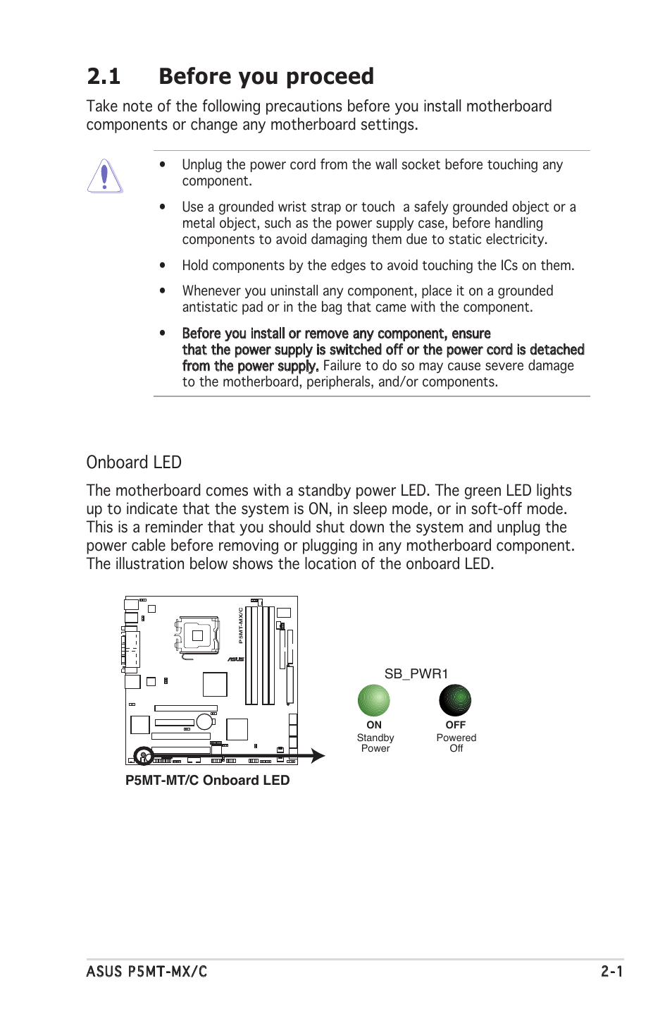 1 before you proceed, Onboard led | Asus P5MT-MX/C User Manual | Page 21 / 156