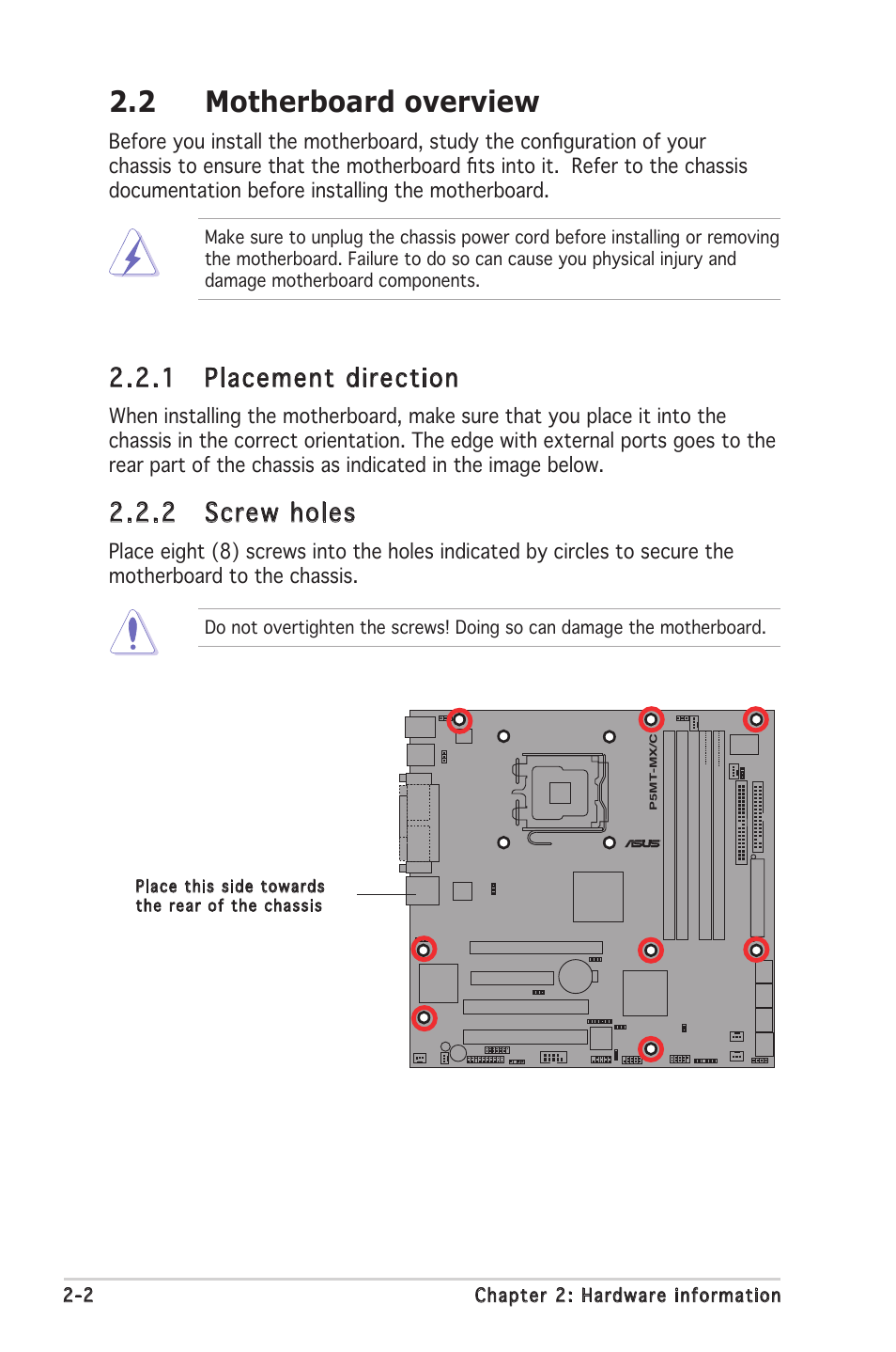 2 motherboard overview, 1 placement direction, 2 screw holes | Asus P5MT-MX/C User Manual | Page 22 / 156