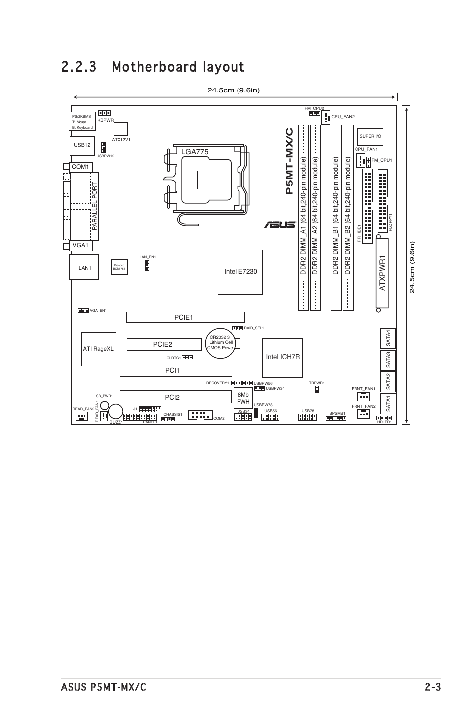 3 motherboard layout, Asus p5mt-mx/c 2-3, P5 m t -m x /c | Asus P5MT-MX/C User Manual | Page 23 / 156