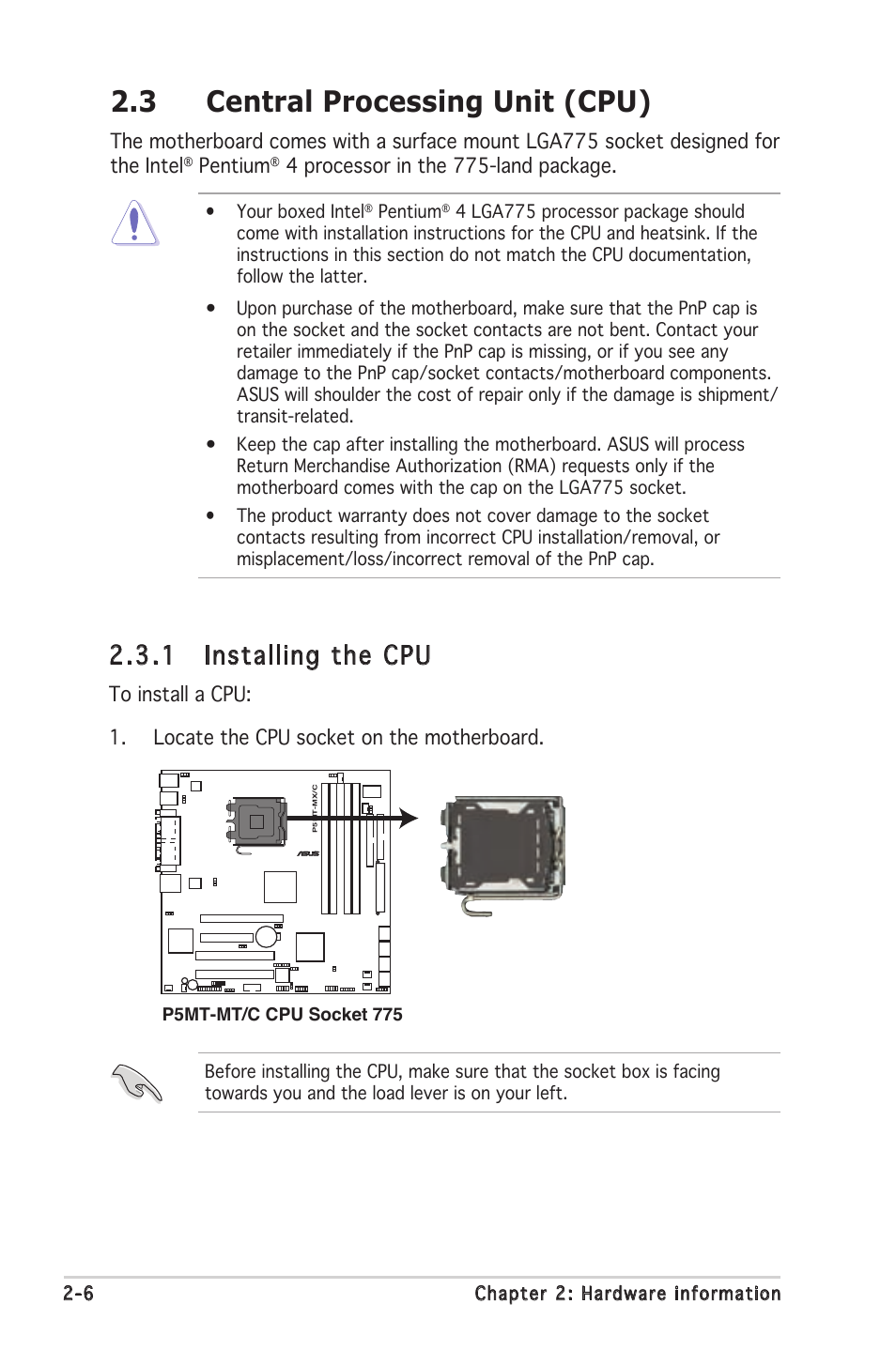 3 central processing unit (cpu), 1 installing the cpu, Pentium | 4 processor in the 775-land package | Asus P5MT-MX/C User Manual | Page 26 / 156