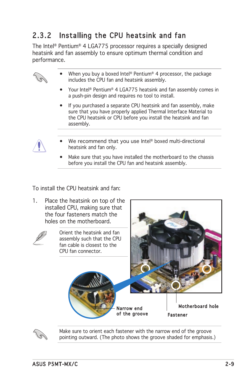 2 installing the cpu heatsink and fan | Asus P5MT-MX/C User Manual | Page 29 / 156