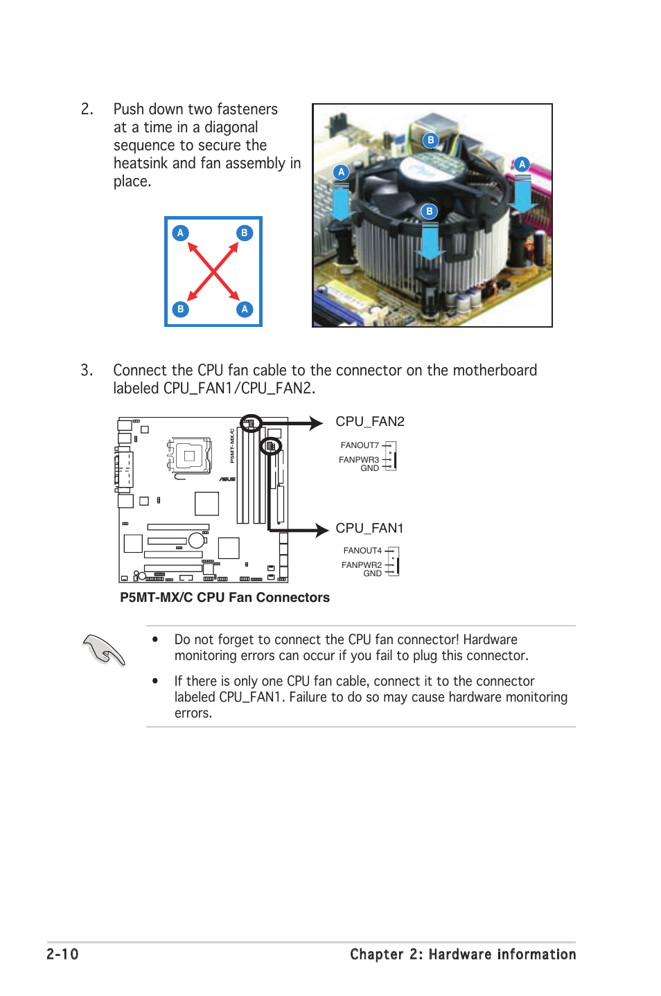 10 chapter 2: hardware information, P5mt-mx/c cpu fan connectors, Cpu_fan1 cpu_fan2 | Asus P5MT-MX/C User Manual | Page 30 / 156