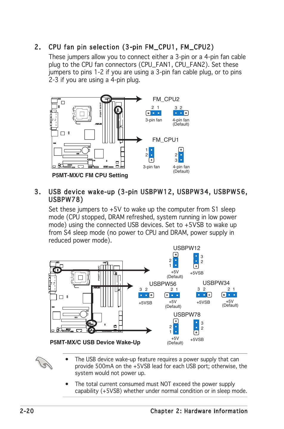 20 chapter 2: hardware information, P5mt-mx/c usb device wake-up usbpw12, Usbpw78 | Usbpw56, Usbpw34, P5mt-mx/c fm cpu setting fm_cpu1 fm_cpu2 | Asus P5MT-MX/C User Manual | Page 40 / 156