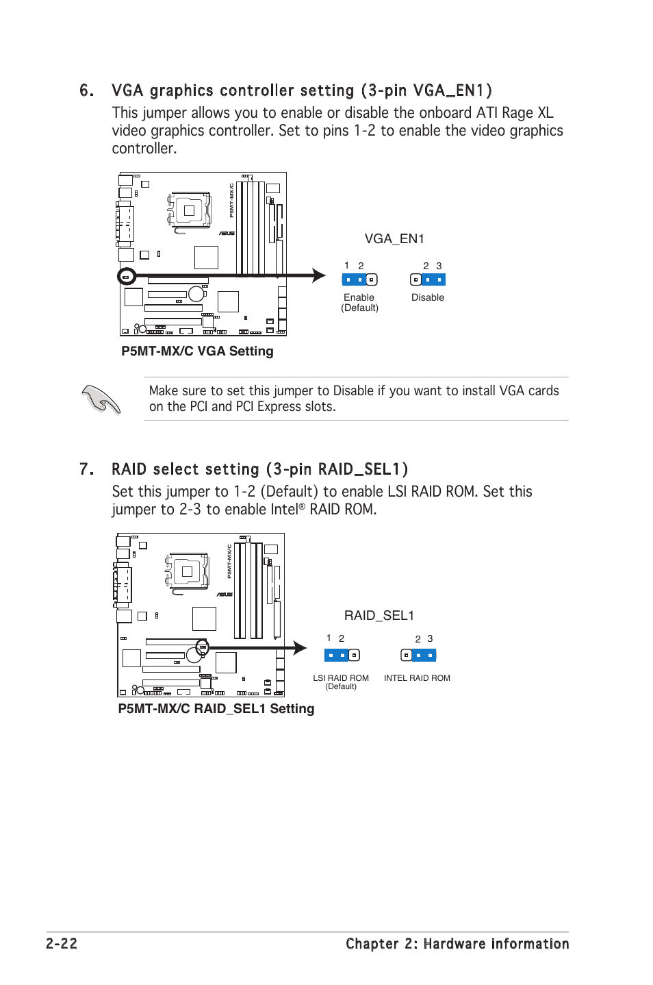 Raid rom, 22 chapter 2: hardware information, Raid_sel1 | P5mt-mx/c raid_sel1 setting | Asus P5MT-MX/C User Manual | Page 42 / 156