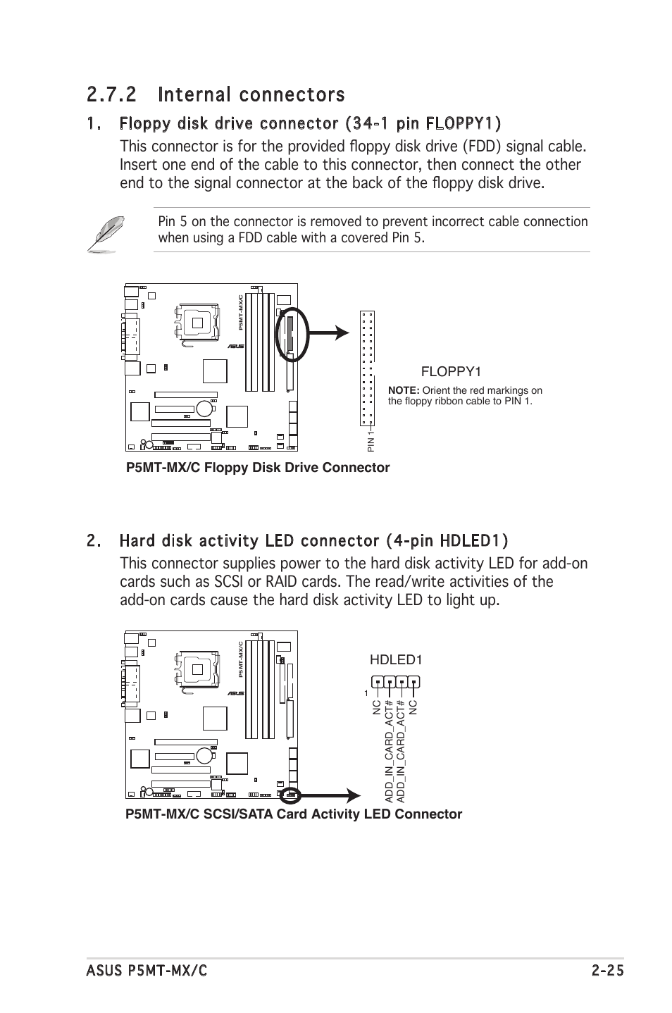 2 internal connectors, Asus p5mt-mx/c 2-25, P5mt-mx/c floppy disk drive connector floppy1 | Asus P5MT-MX/C User Manual | Page 45 / 156