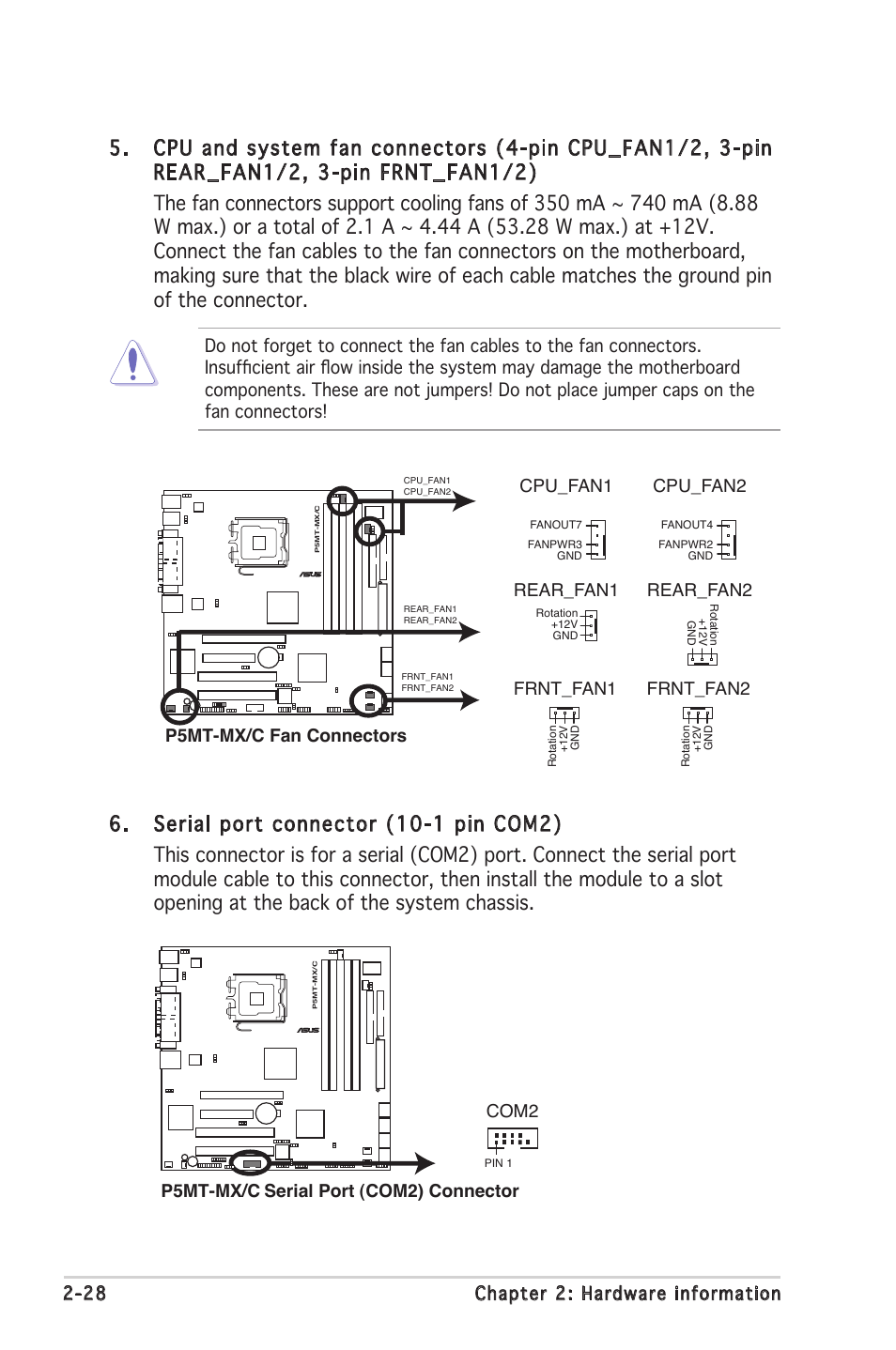 28 chapter 2: hardware information, Cpu_fan2 cpu_fan1, P5mt-mx/c serial port (com2) connector | Com2 | Asus P5MT-MX/C User Manual | Page 48 / 156