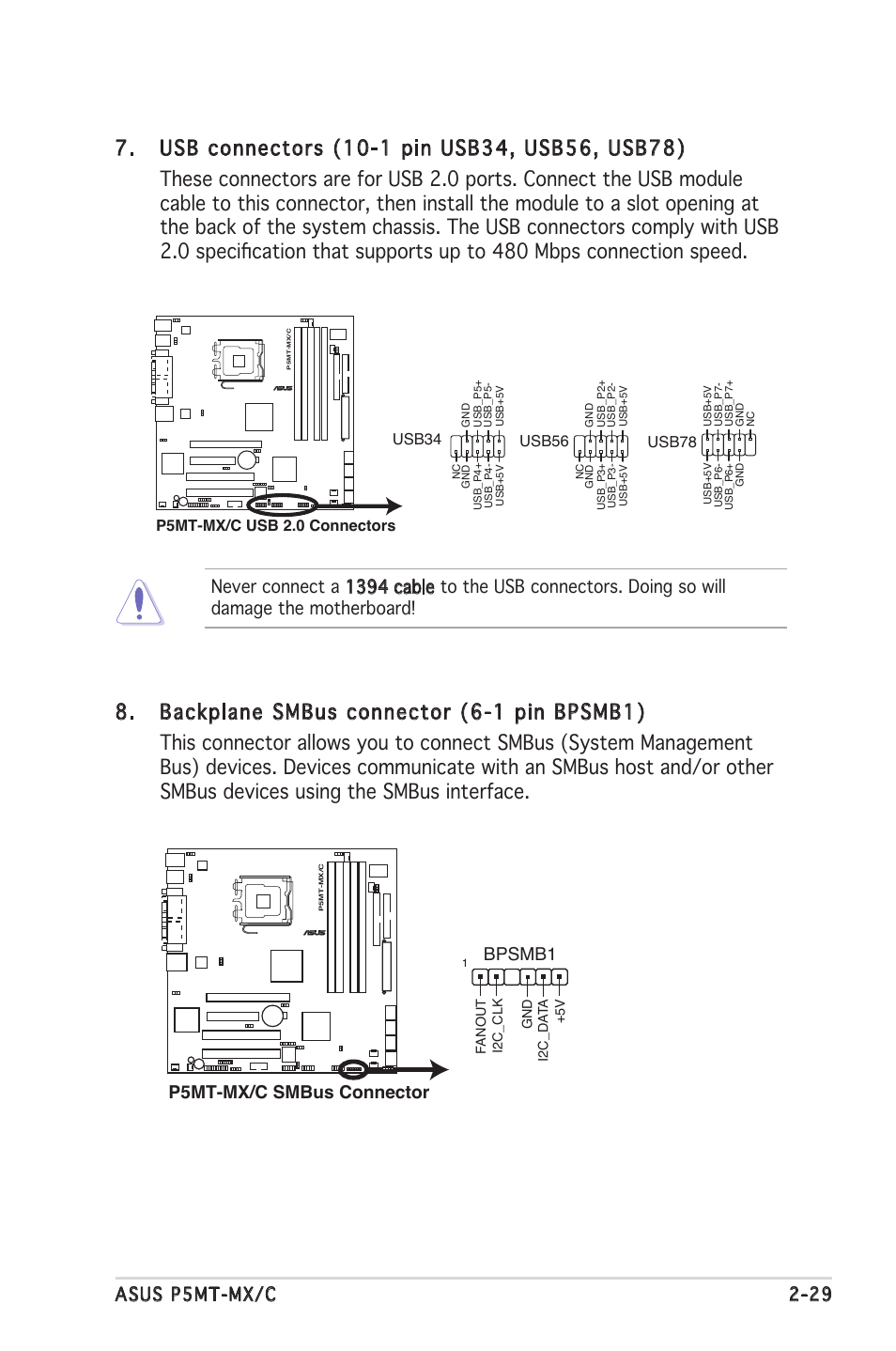 Asus p5mt-mx/c 2-29, P5mt-mx/c smbus connector bpsmb1, Usb56 | Usb78 | Asus P5MT-MX/C User Manual | Page 49 / 156