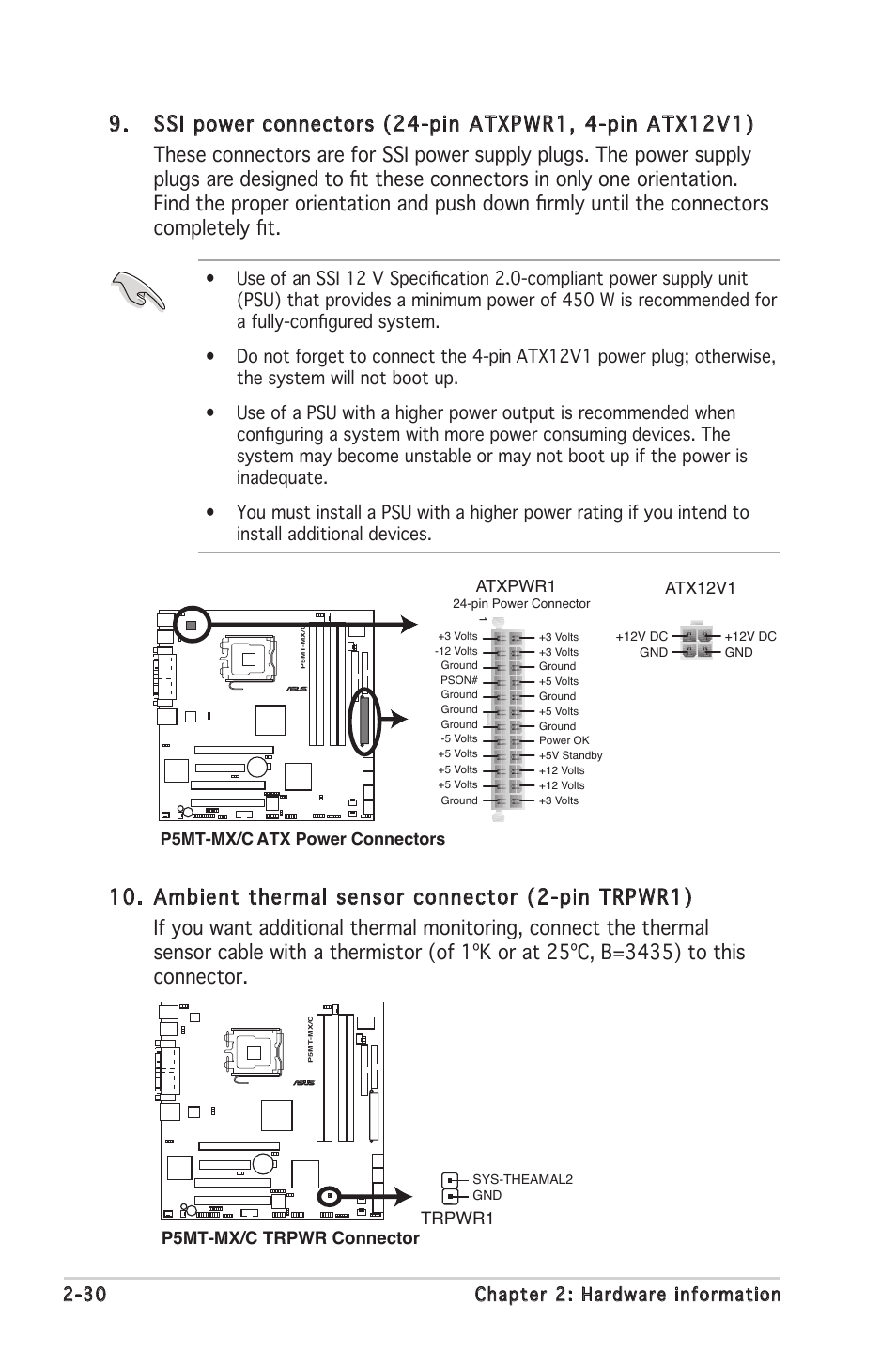 30 chapter 2: hardware information, P5mt-mx/c atx power connectors, Atxpwr1 | Atx12v1, P5mt-mx/c trpwr connector trpwr1 | Asus P5MT-MX/C User Manual | Page 50 / 156