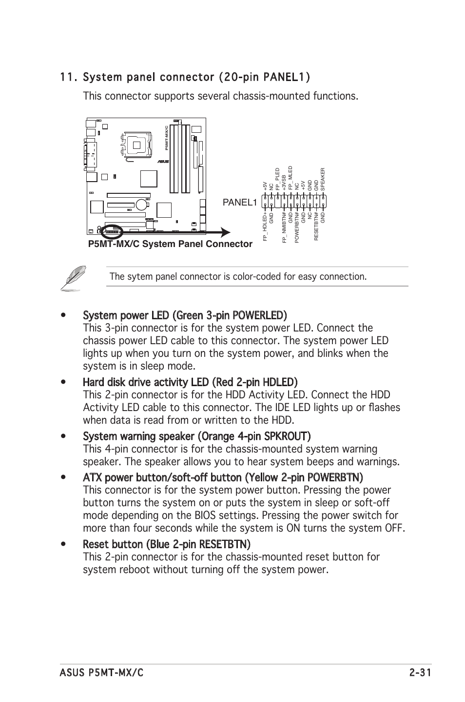 Asus p5mt-mx/c 2-31, P5mt-mx/c system panel connector panel1 | Asus P5MT-MX/C User Manual | Page 51 / 156