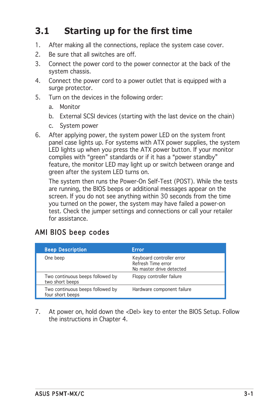 1 starting up for the ﬁrst time, Ami bios beep codes | Asus P5MT-MX/C User Manual | Page 55 / 156