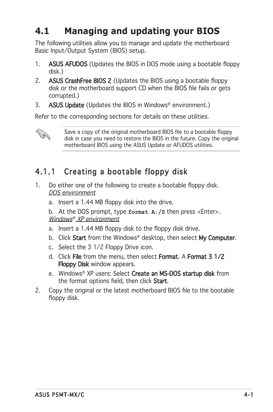1 managing and updating your bios, 1 creating a bootable floppy disk | Asus P5MT-MX/C User Manual | Page 59 / 156