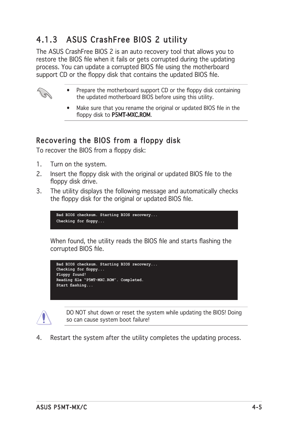 3 asus crashfree bios 2 utility, Recovering the bios from a floppy disk | Asus P5MT-MX/C User Manual | Page 63 / 156