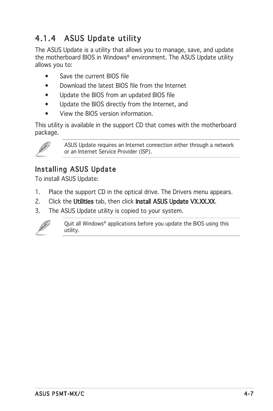 4 asus update utility, Installing asus update | Asus P5MT-MX/C User Manual | Page 65 / 156