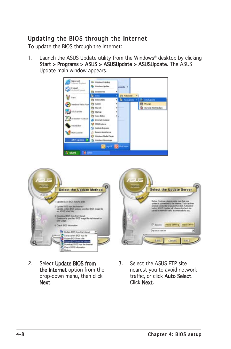 Updating the bios through the internet | Asus P5MT-MX/C User Manual | Page 66 / 156