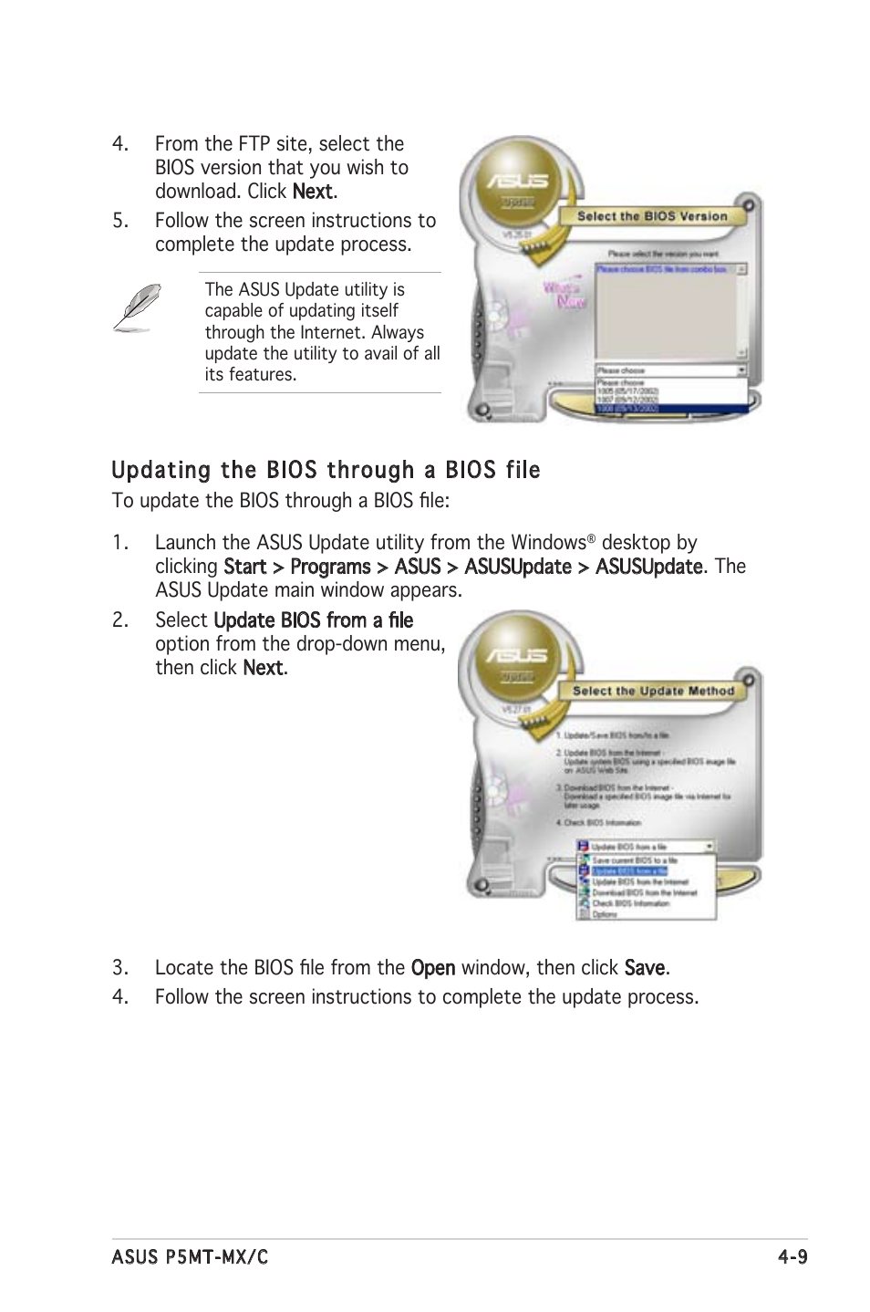 Updating the bios through a bios file | Asus P5MT-MX/C User Manual | Page 67 / 156