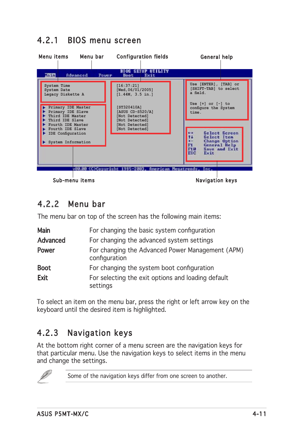 2 menu bar, 1 bios menu screen, 3 navigation keys | Asus P5MT-MX/C User Manual | Page 69 / 156