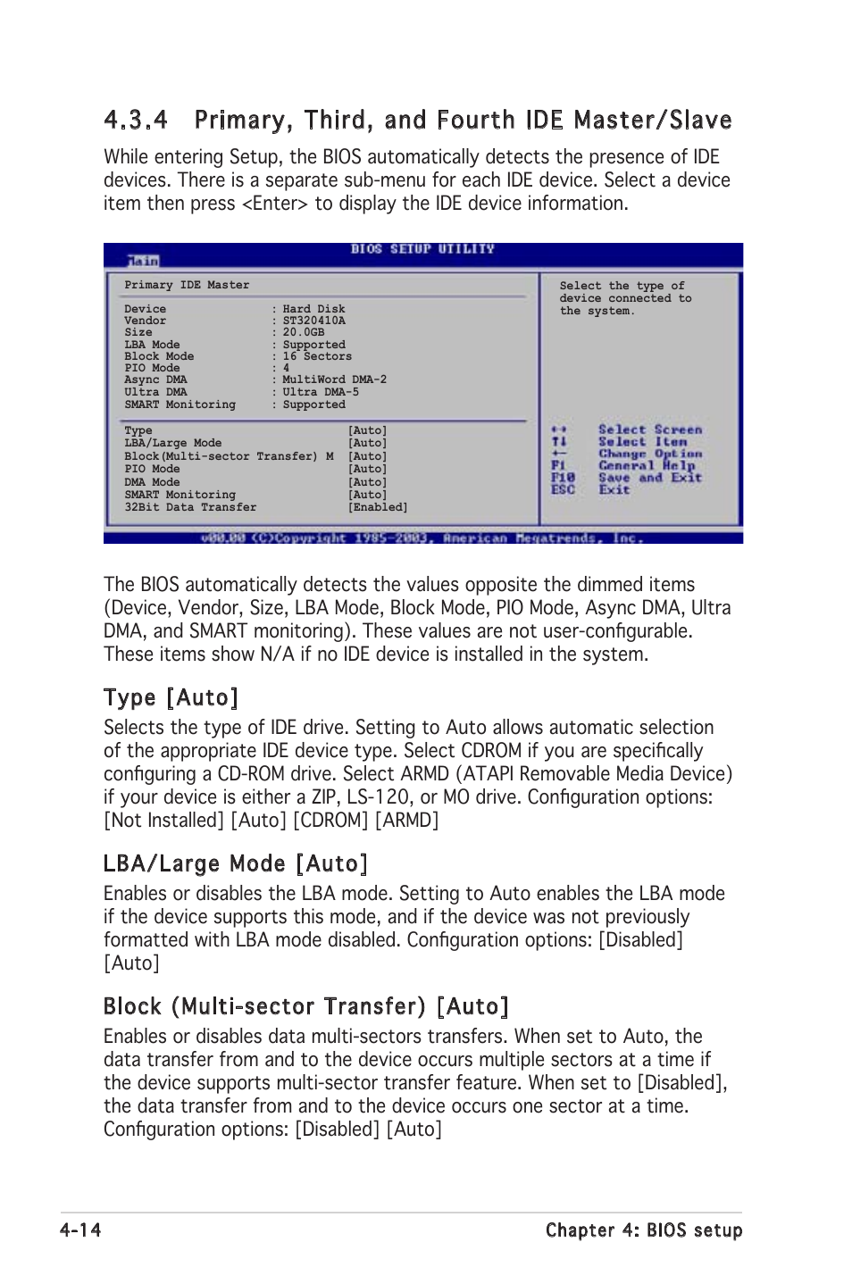 4 primary, third, and fourth ide master/slave, Type [auto, Lba/large mode [auto | Block (multi-sector transfer) [auto | Asus P5MT-MX/C User Manual | Page 72 / 156