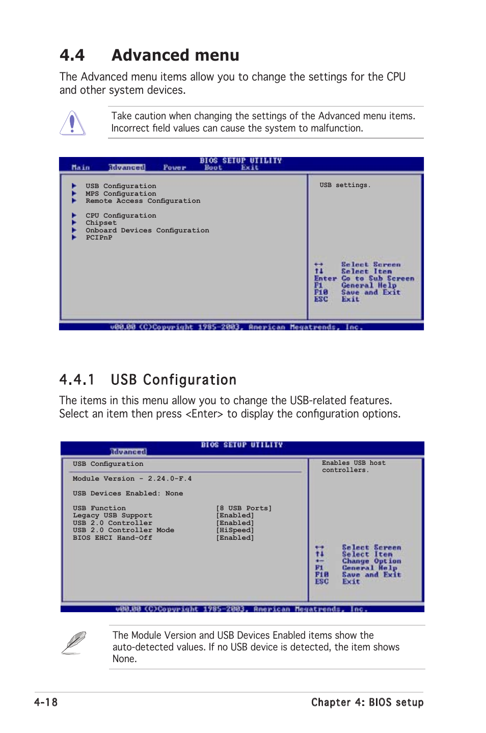 4 advanced menu, 1 usb configuration | Asus P5MT-MX/C User Manual | Page 76 / 156