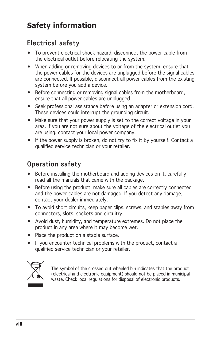 Safety information, Electrical safety, Operation safety | Asus P5MT-MX/C User Manual | Page 8 / 156