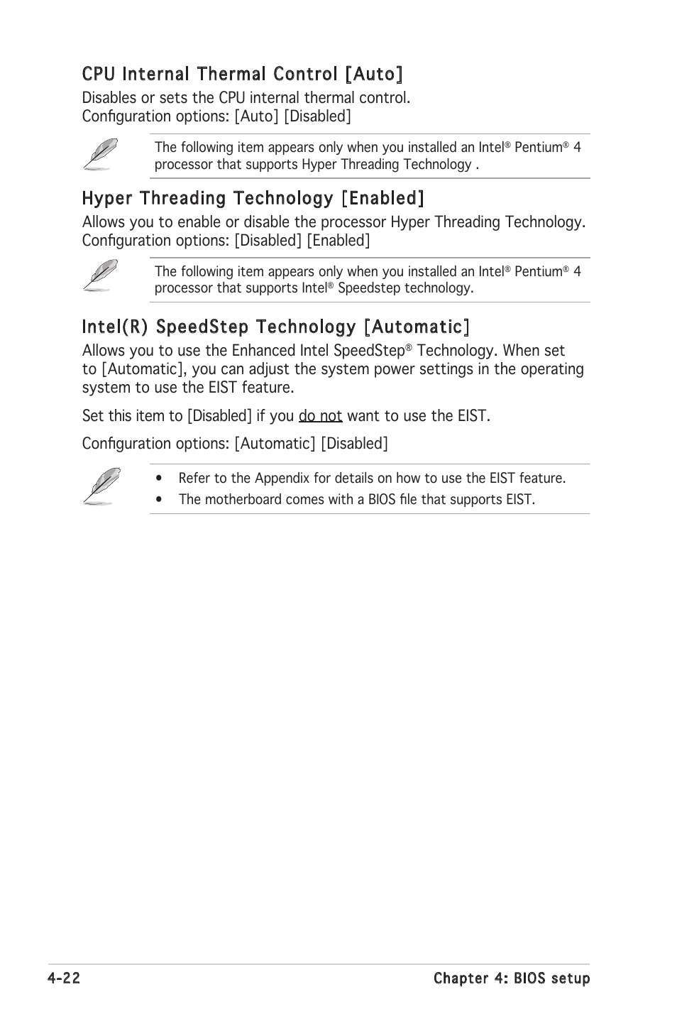 Cpu internal thermal control [auto, Hyper threading technology [enabled, Intel(r) speedstep technology [automatic | Asus P5MT-MX/C User Manual | Page 80 / 156