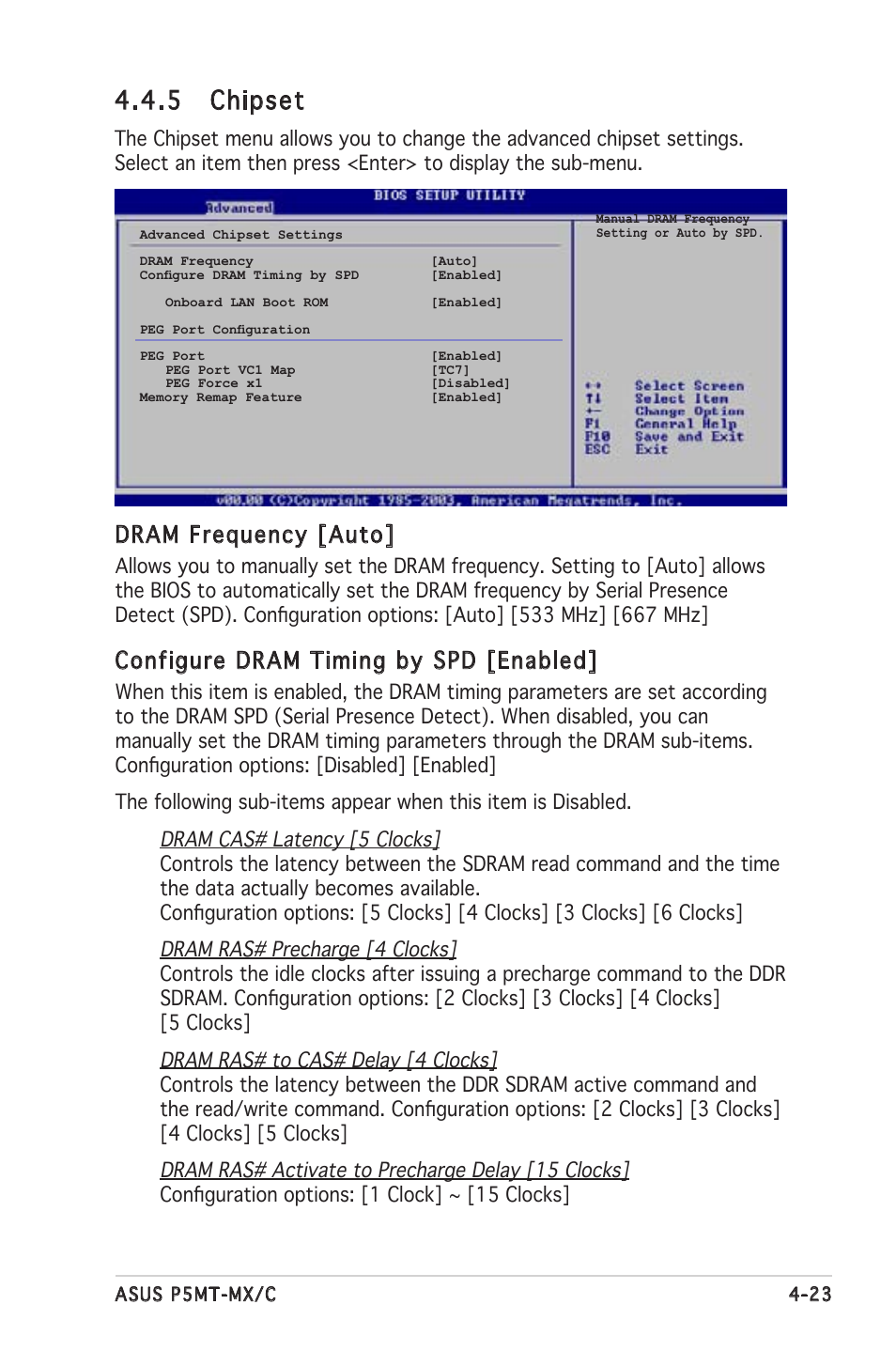 5 chipset, Dram frequency [auto, Configure dram timing by spd [enabled | Asus P5MT-MX/C User Manual | Page 81 / 156