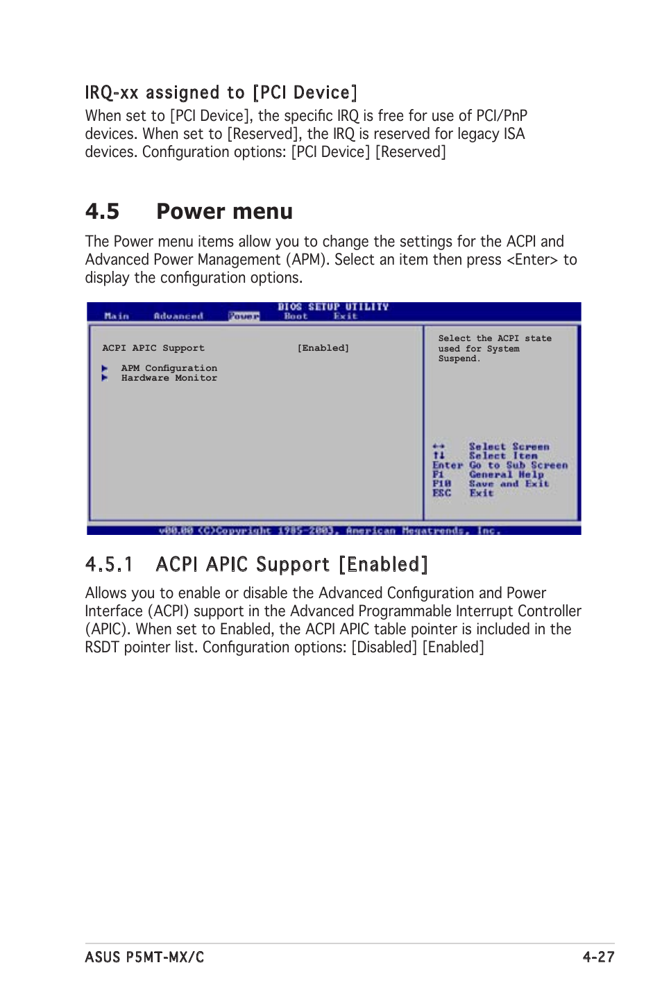 5 power menu, 1 acpi apic support [enabled, Irq-xx assigned to [pci device | Asus P5MT-MX/C User Manual | Page 85 / 156