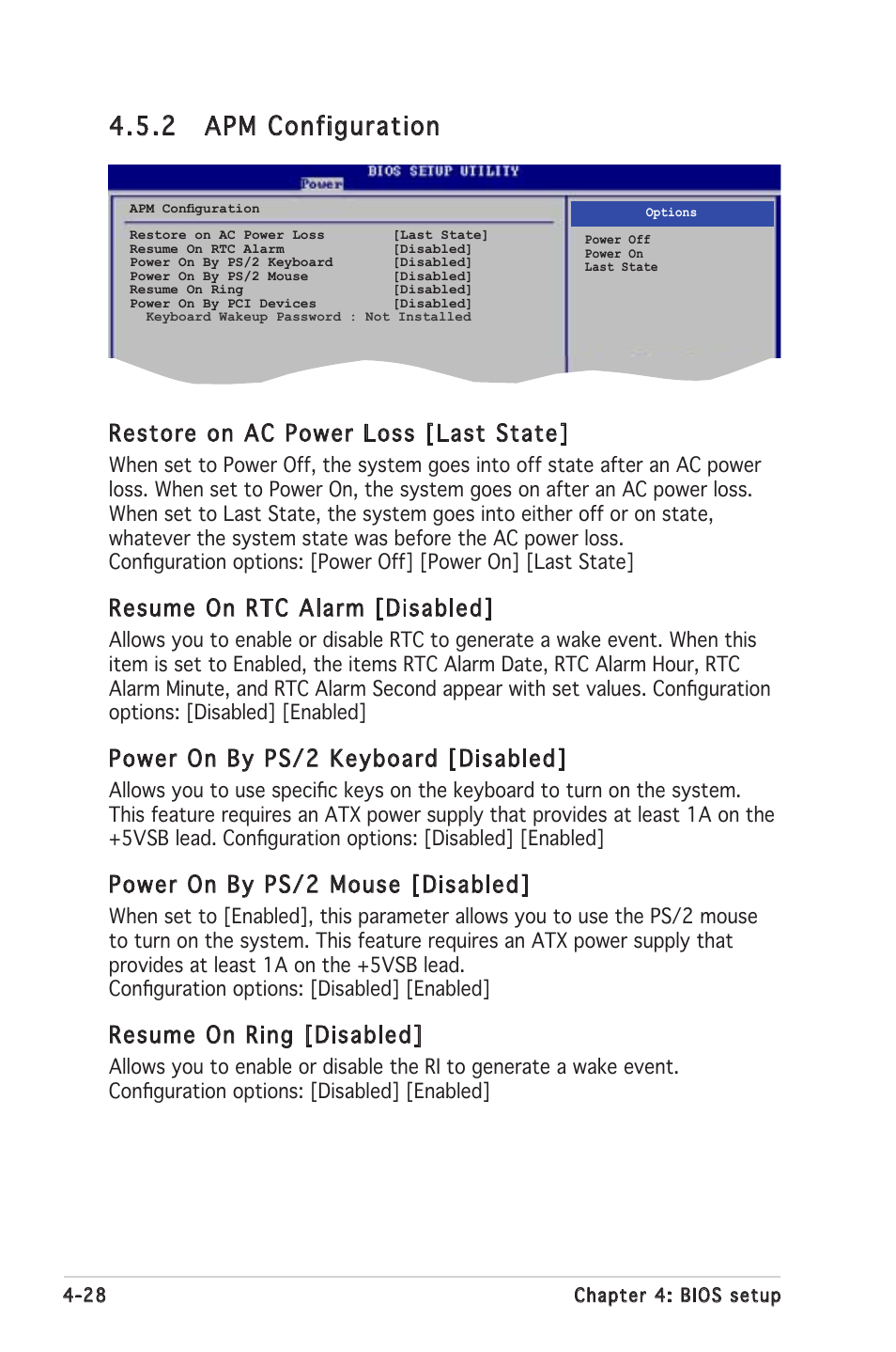 2 apm configuration, Restore on ac power loss [last state, Resume on rtc alarm [disabled | Power on by ps/2 keyboard [disabled, Power on by ps/2 mouse [disabled, Resume on ring [disabled | Asus P5MT-MX/C User Manual | Page 86 / 156