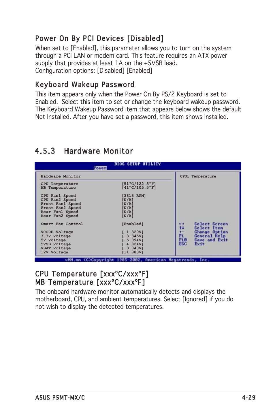 3 hardware monitor, Power on by pci devices [disabled, Keyboard wakeup password | Asus P5MT-MX/C User Manual | Page 87 / 156