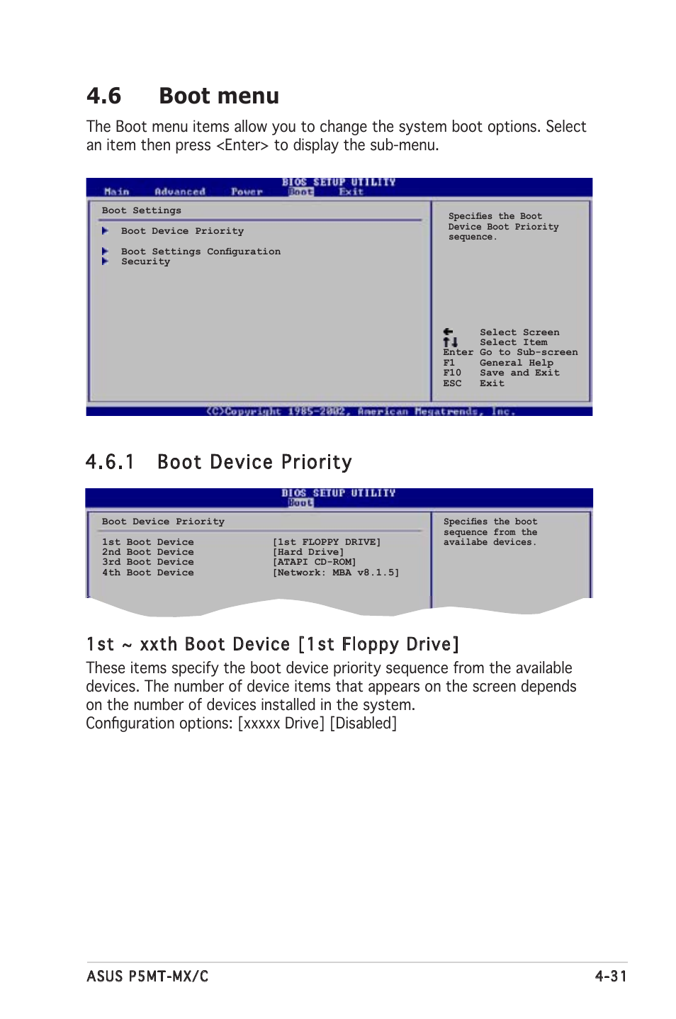 6 boot menu, 1 boot device priority, 1st ~ xxth boot device [1st floppy drive | Asus P5MT-MX/C User Manual | Page 89 / 156