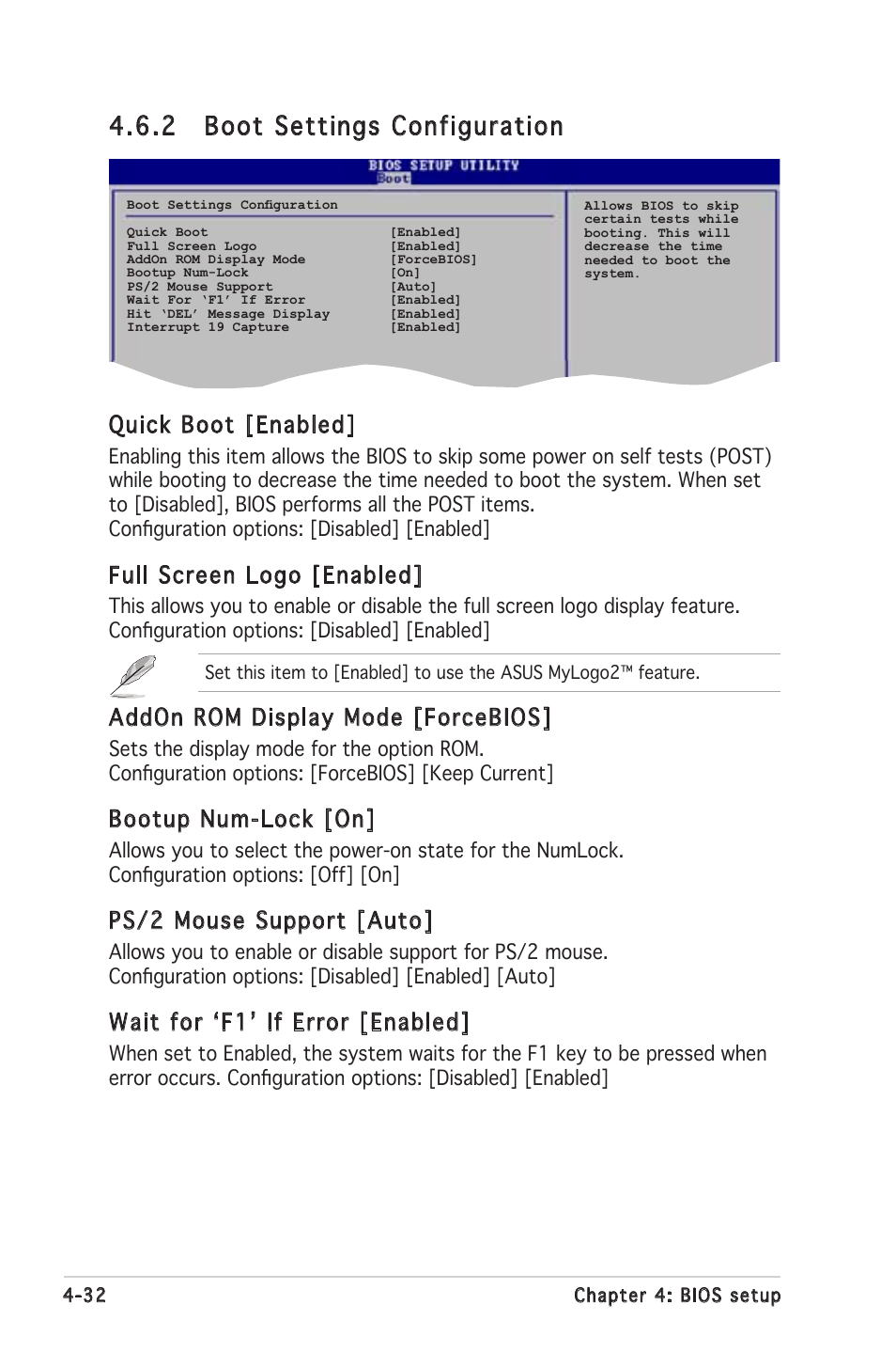 2 boot settings configuration, Quick boot [enabled, Full screen logo [enabled | Addon rom display mode [forcebios, Bootup num-lock [on, Ps/2 mouse support [auto, Wait for ʻf1ʼ if error [enabled | Asus P5MT-MX/C User Manual | Page 90 / 156