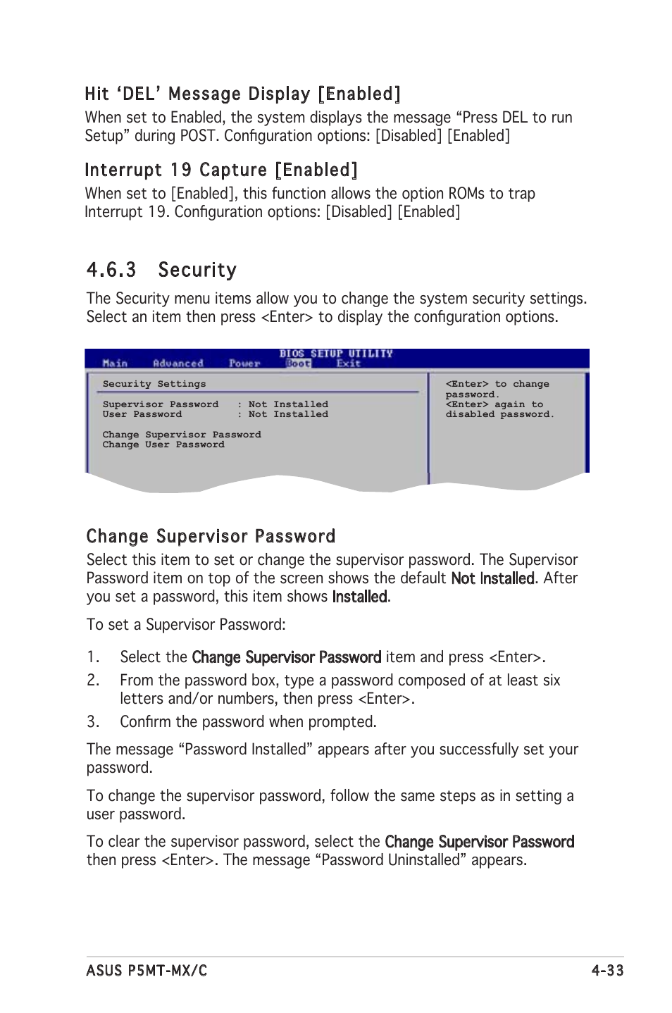 3 security, Hit ʻdelʼ message display [enabled, Interrupt 19 capture [enabled | Change supervisor password | Asus P5MT-MX/C User Manual | Page 91 / 156