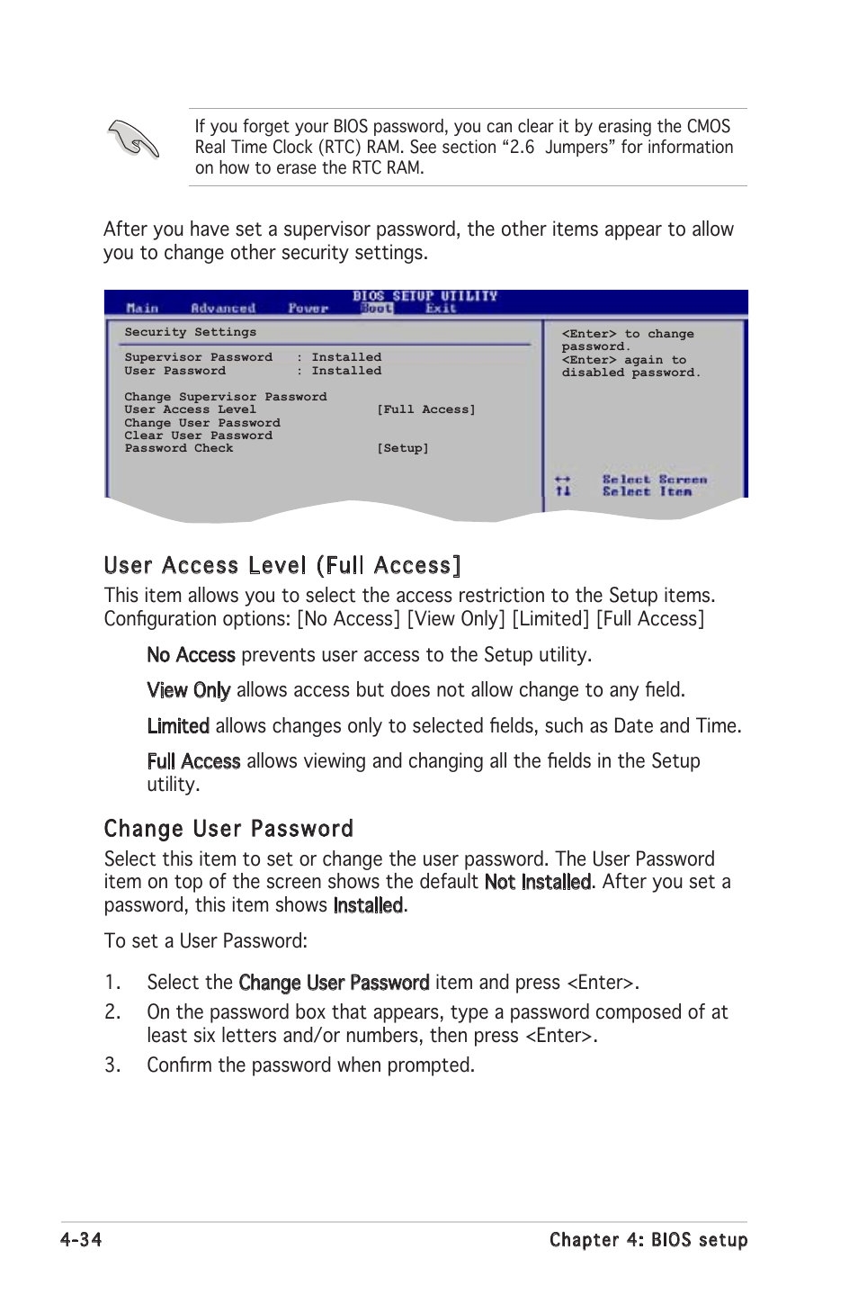 User access level (full access, Change user password | Asus P5MT-MX/C User Manual | Page 92 / 156